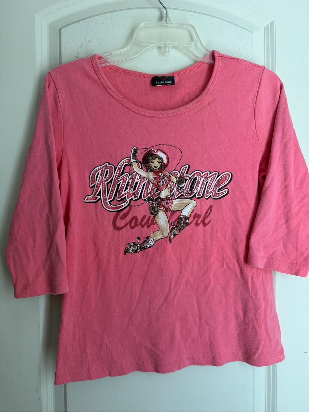 Lady Noiz Pink Rhinestone Cowgirl Graphic Top L glam 3/4 sleeve Nashville